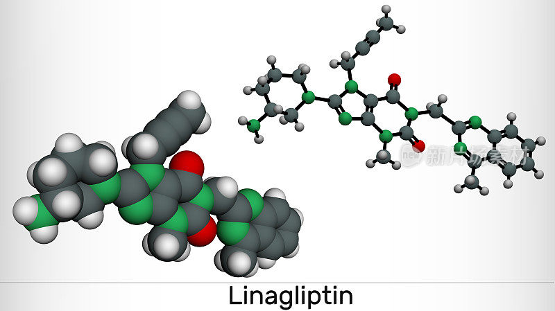 Linagliptin, C25H28N8O2分子。它是DPP-4抑制剂，用于治疗II型糖尿病。分子模型。3 d渲染。